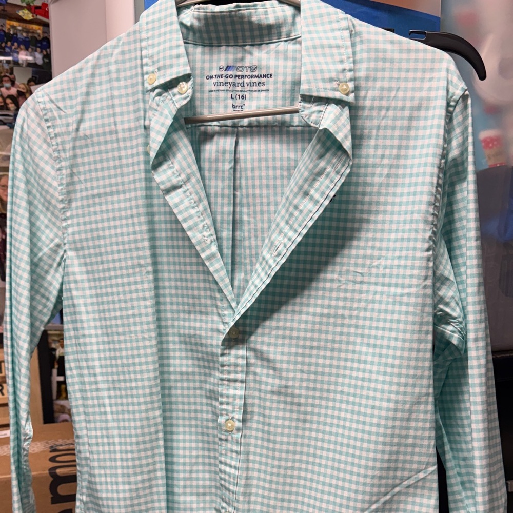 Vineyard Vines Men's Aqua Checkered Button Down Shirt